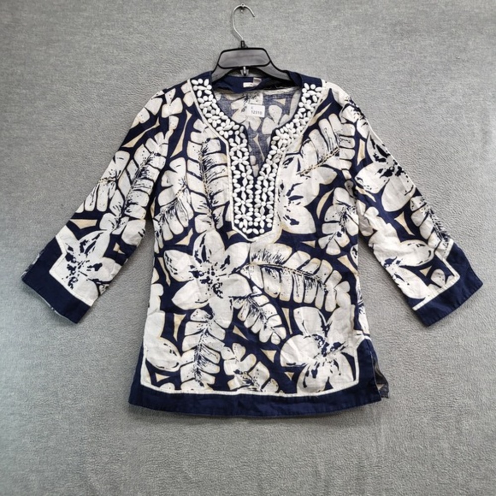 JM Collection Women Top 8 White Floral Linen Blouse Boho Crochet Pullover